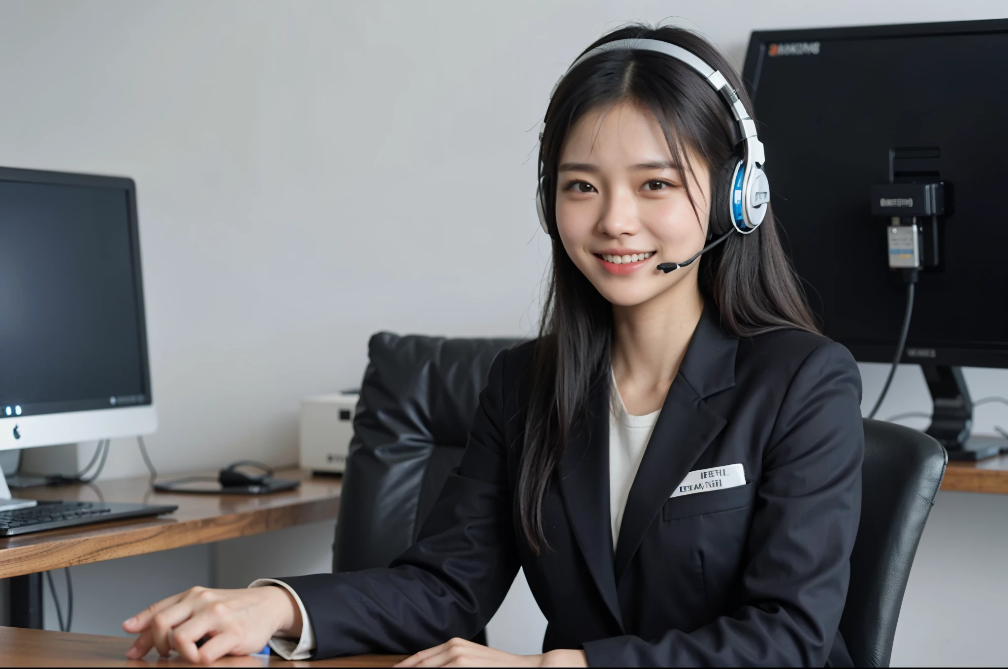 smiling asian woman in a suit with headphones on sitting at a desk, working in a call center, wearing a headset, wearing headset, wearing gaming headset, wearing a gaming headset, well lit professional photo, young asian woman, in an call centre office, young business woman, in front of a computer, korean woman, high quality image, a young asian woman