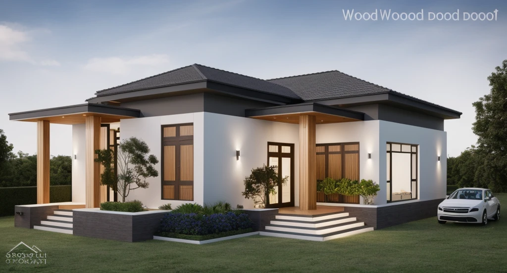 1 main wood door, many glass door, concrete, wood wall,white, modern villa, palm, plant, beautiful sky, wood facade, architecture, beautiful, masterpiece, best quality, super detailed, realistic, photorealistic, 8k, sharp focus, droste effect photography, macro photography