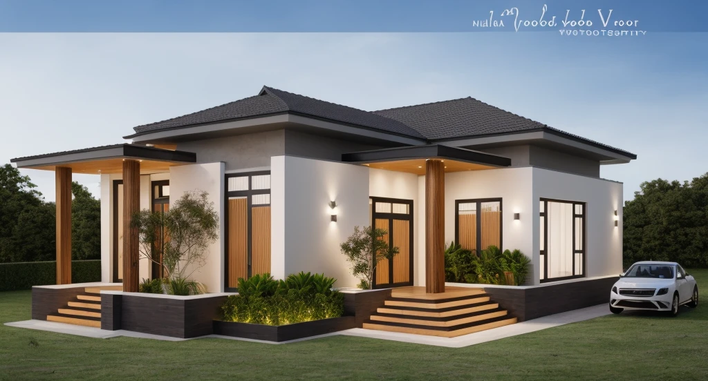 1 main wood door, many glass door, concrete, wood wall,white, modern villa, palm, plant, beautiful sky, wood facade, architecture, beautiful, masterpiece, best quality, super detailed, realistic, photorealistic, 8k, sharp focus, droste effect photography, macro photography
