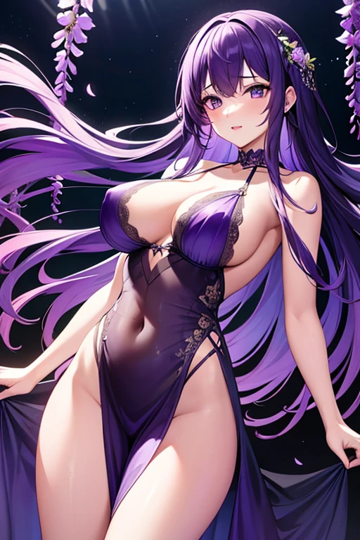 {{{{masterpiece}}}}, {{{super detailed}}}, {{{High resolution}}}, {{excellent anatomy}}, (((highest quality))), ((very delicate and beautiful)), {{very detailed and delicate}}, {8k cg wallpaper},((detailed background))One female、best style、beautiful woman、The most beautiful woman in the world、Purple flowers are blooming on the purple lake surface, soft purple glow, Purple light, (purple wisteria forest), Dynamic lighting for the wisteria season, art, shining purple, Purple petals are dancing everywhere、 The blossoming path to heaven, purple glow、Purple water、purple reflective water surface、purple light、(Sexy sheer dress:1.5),((big breasts))、show through、waterside and wisteria、Sheer skin、shape of nipple