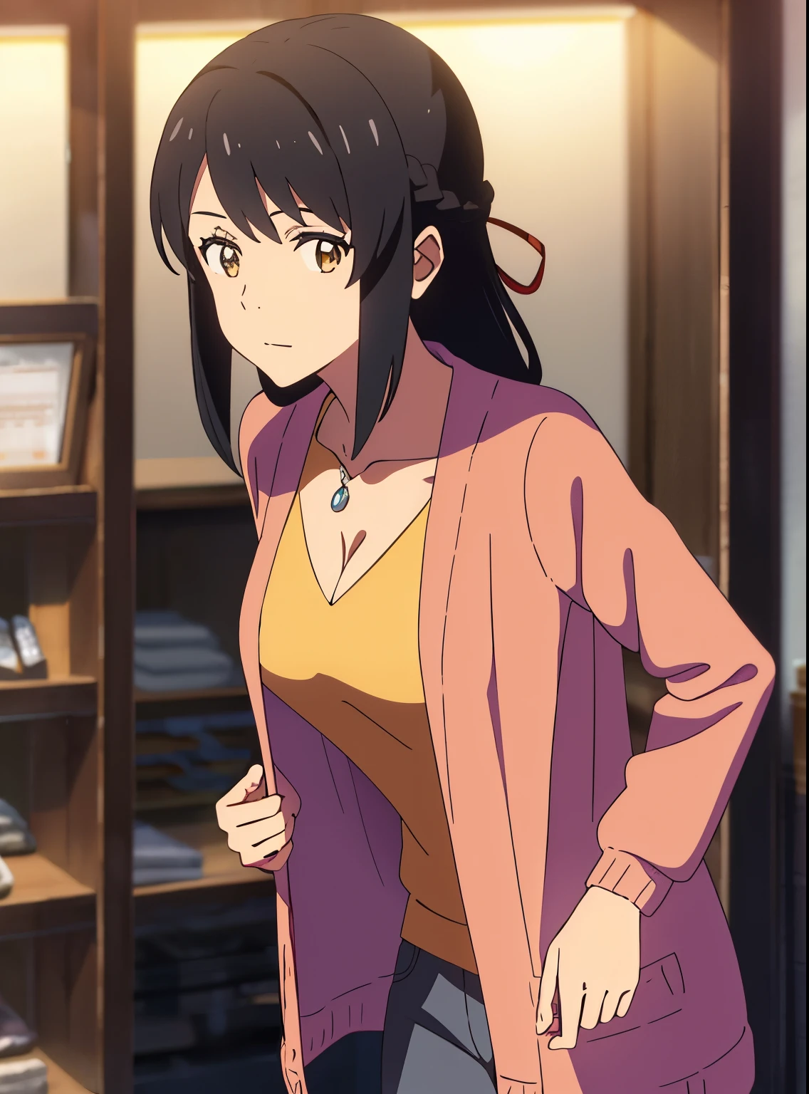 shinkai makoto, kimi no na wa., 1girl, bangs, black hair, brown eyes, waterfall braid, red ribbon, long hair, long sleeve light yellow cardigan, open shirt, yellow shirt, cleavage, breast, medium breast, Orange shirt,wearing name tag, looking at the viewer, indoors, jewelry products, jewelry shop,masterpiece, perfect anatomy, cowboyshot