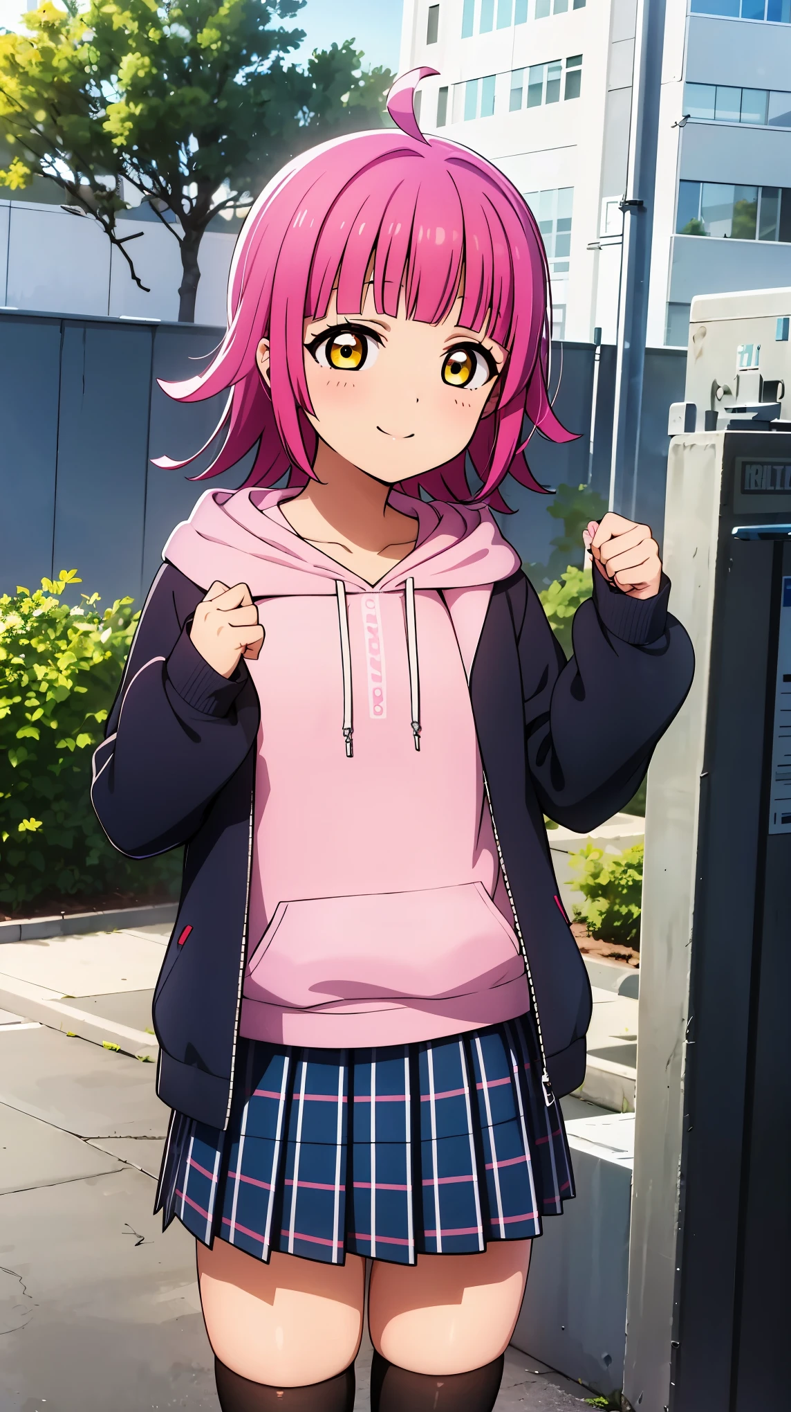 (masterpiece, best quality, ultra-detailed), (illustration), (beautiful detailed eyes), 1girl, solo, tennouji rina, short hair, pink hair, ahoge, flat chest, looking at viewer, skirt, shirt, thighhighs, ,  black thighhighs, blue hood, checkered skirt, nijigasaki academy , open hoodie, 
smile,