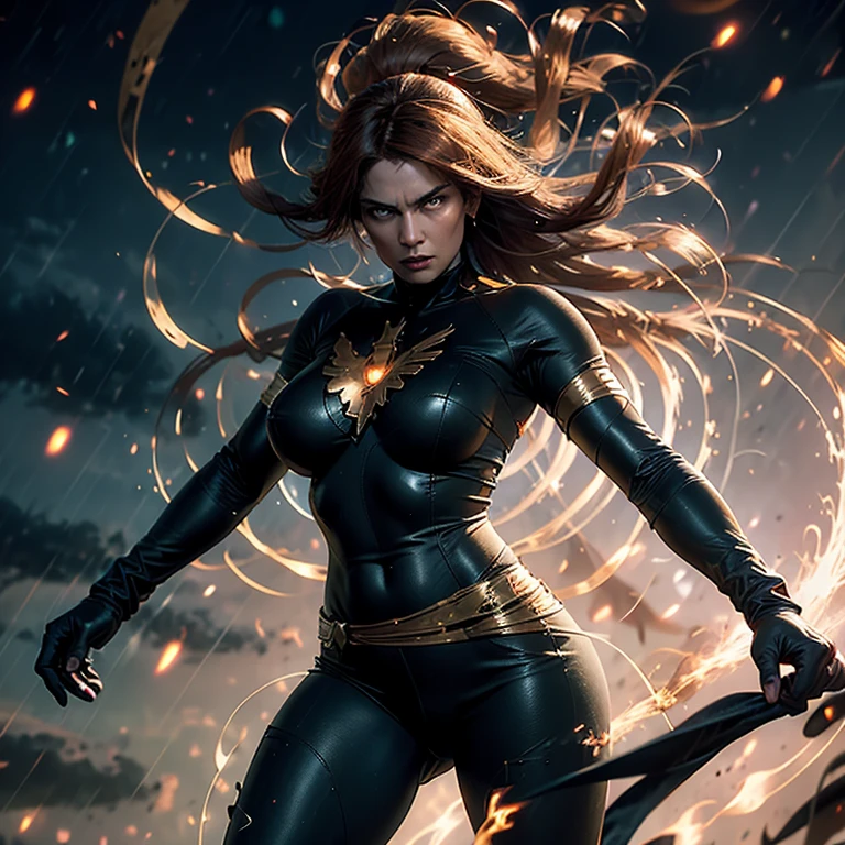 ((Masterpiece)), ((Best quality)), 8k, ultra-detailed,
A compelling representation of Jean Grey in her Dark Phoenix form, embodying her powerful and seductive allure. Her figure is muscular and toned, showcasing her strength and athleticism. Her large breasts are firm and full, enhanced by the intricate golden details of her Phoenix costume. The fabric clings to her body, revealing every curve and muscle. Her long, wavy Hair cascades down her back, framing her fierce, determined expression. Her eyes glow with a fierce, burning intensity, reflecting the electrical energy surging through her. The background is a dark, stormy sky, crackling with energy