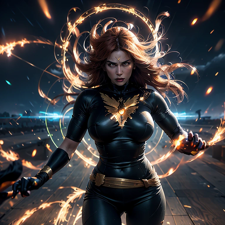 ((Masterpiece)), ((Best quality)), 8k, ultra-detailed,
A compelling representation of Jean Grey in her Dark Phoenix form, embodying her powerful and seductive allure. Her figure is muscular and toned, showcasing her strength and athleticism. Her large breasts are firm and full, enhanced by the intricate golden details of her Phoenix costume. The fabric clings to her body, revealing every curve and muscle. Her long, wavy Hair cascades down her back, framing her fierce, determined expression. Her eyes glow with a fierce, burning intensity, reflecting the electrical energy surging through her. The background is a dark, stormy sky, crackling with energy