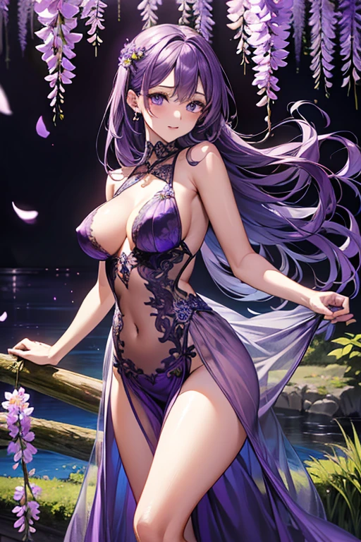 {{{{masterpiece}}}}, {{{super detailed}}}, {{{High resolution}}}, {{excellent anatomy}}, (((highest quality))), ((very delicate and beautiful)), {{very detailed and delicate}}, {8k cg wallpaper},((detailed background))One female、best style、beautiful woman、The most beautiful woman in the world、Purple flowers are blooming on the purple lake surface, soft purple glow, Purple light, (purple wisteria forest), wisteria season, art, shining purple, Purple petals are dancing everywhere、 The blossoming path to heaven, purple glow、Purple water、purple reflective water surface、purple light、(Sexy sheer dress:1.5),((big breasts))、show through、waterside and wisteria、Detailed design、beautiful design、sexy pose、Sheer skin、shape of nipple