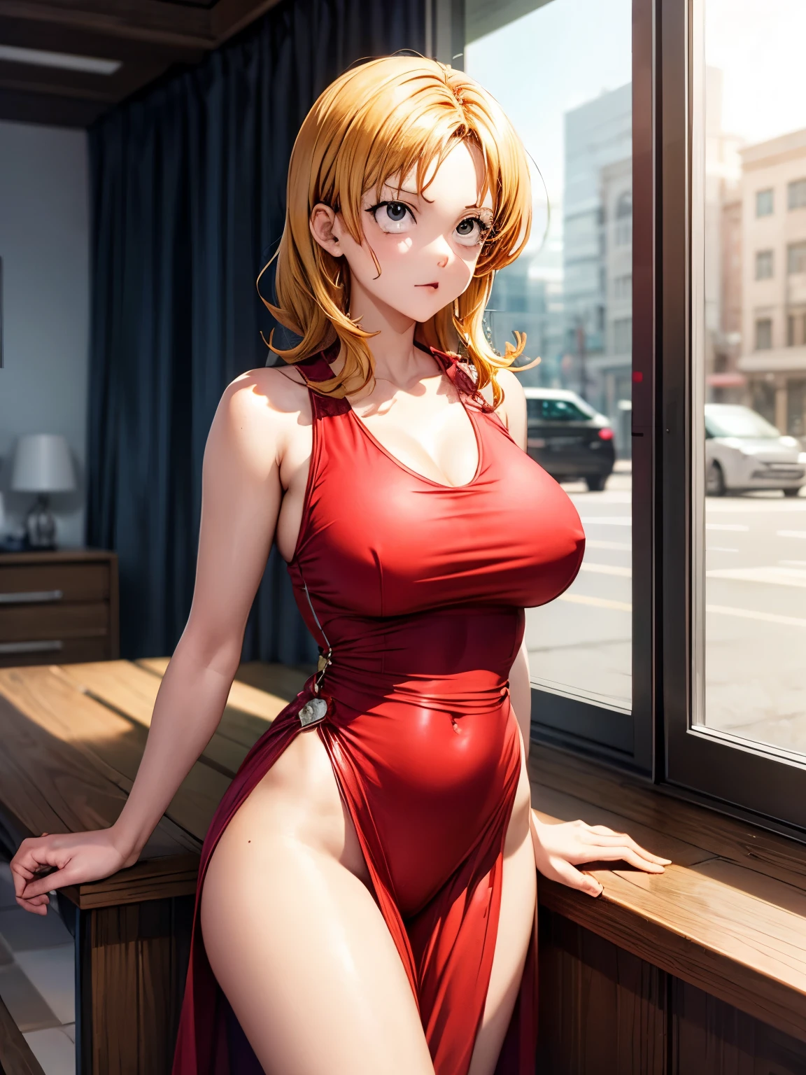 Nami, one piece, one piece dress, red short hair, cute look , big
