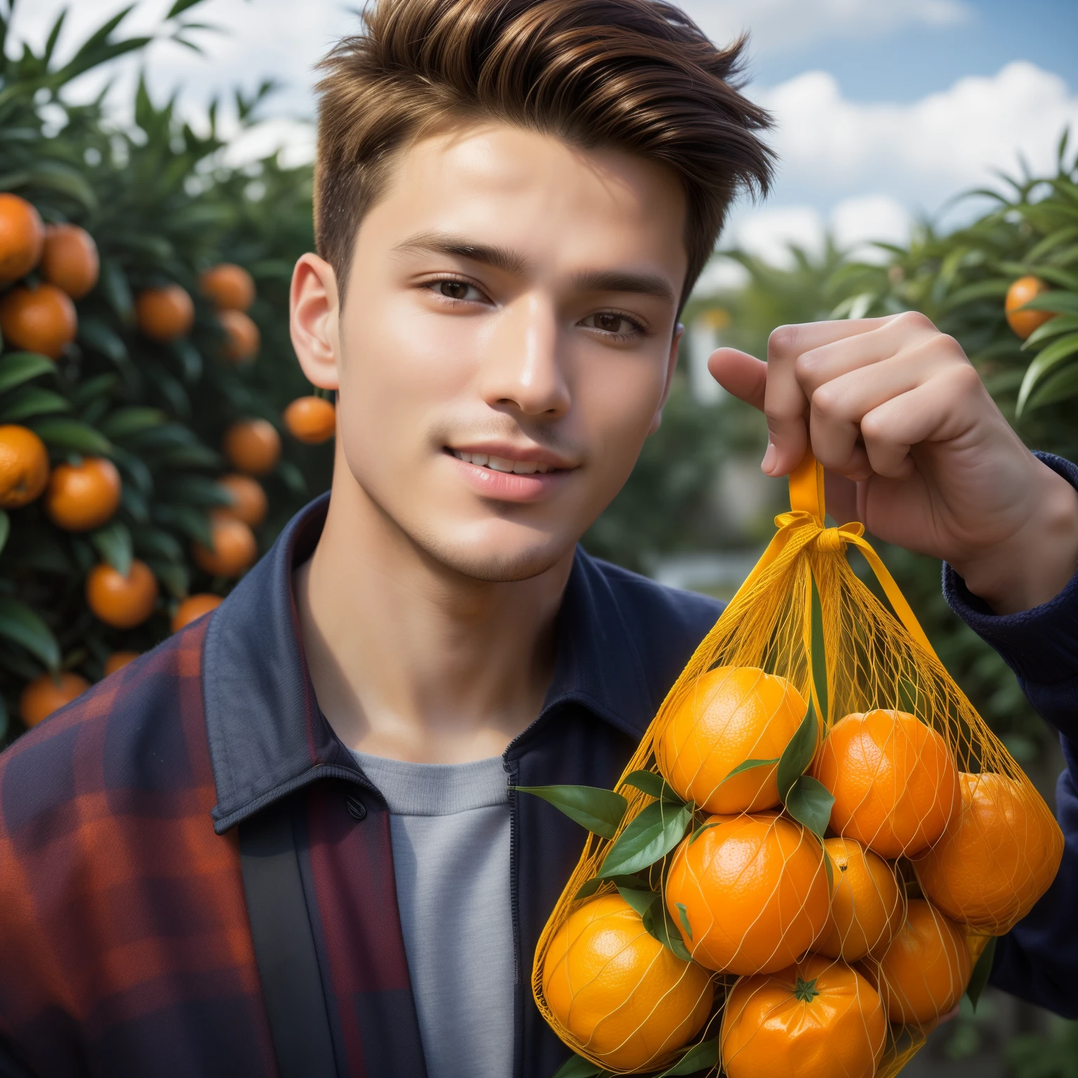 smiling man holding a net bag of oranges in front of orange trees, holding a tangerine, oranges, profile pic, high quality portrait, orange skin, orange head, profile picture, fruit celebrity, by Igor Grabar, by Galen Dara, by Aleksander Gierymski, beautiful young man, portait photo profile picture, cute young man