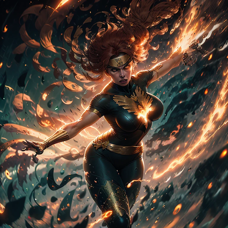 ((Masterpiece)), ((Best quality)), 8k, ultra-detailed,

A compelling representation of Jean Grey in her Dark Phoenix form, embodying her powerful and seductive allure. Her figure is muscular and toned, showcasing her strength and athleticism. Her large breasts are firm and full, enhanced by the intricate golden details of her Phoenix costume. The fabric clings to her body, revealing every curve and muscle. Her long, wavy Hair cascades down her back, framing her fierce, determined expression. Her eyes glow with a fierce, burning intensity, reflecting the electrical energy surging through her. The background is a dark, stormy sky, crackling with energy