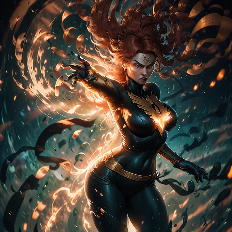 ((Masterpiece)), ((Best quality)), 8k, ultra-detailed,
A compelling representation of Jean Grey in her Dark Phoenix form, embodying her powerful and seductive allure. Her figure is muscular and toned, showcasing her strength and athleticism. Her large breasts are firm and full, enhanced by the intricate golden details of her Phoenix costume. The fabric clings to her body, revealing every curve and muscle. Her long, wavy Hair cascades down her back, framing her fierce, determined expression. Her eyes glow with a fierce, burning intensity, reflecting the electrical energy surging through her. The background is a dark, stormy sky, crackling with energy