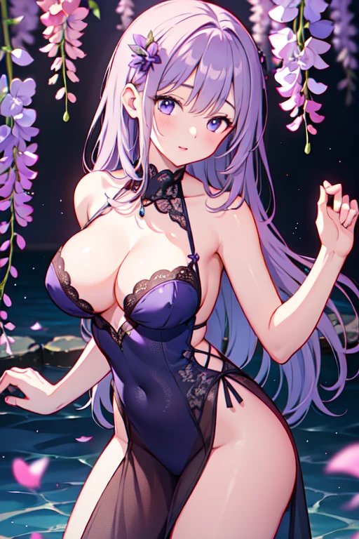 {{{{masterpiece}}}}, {{{super detailed}}}, {{{High resolution}}}, {{excellent anatomy}}, (((highest quality))), ((very delicate and beautiful)), {{very detailed and delicate}}, {8k cg wallpaper},((detailed background))One female、best style、beautiful woman、The most beautiful woman in the world、Purple flowers are blooming on the purple lake surface, soft purple glow, Purple light, (purple wisteria forest), wisteria season, art, shining purple, Purple petals are dancing everywhere、 The blossoming path to heaven, purple glow、Purple water、purple reflective water surface、purple light、(Sexy sheer dress:1.5),((big breasts))、show through、waterside and wisteria、Detailed design、beautiful design、sexy pose、Sheer skin、shape of nipple