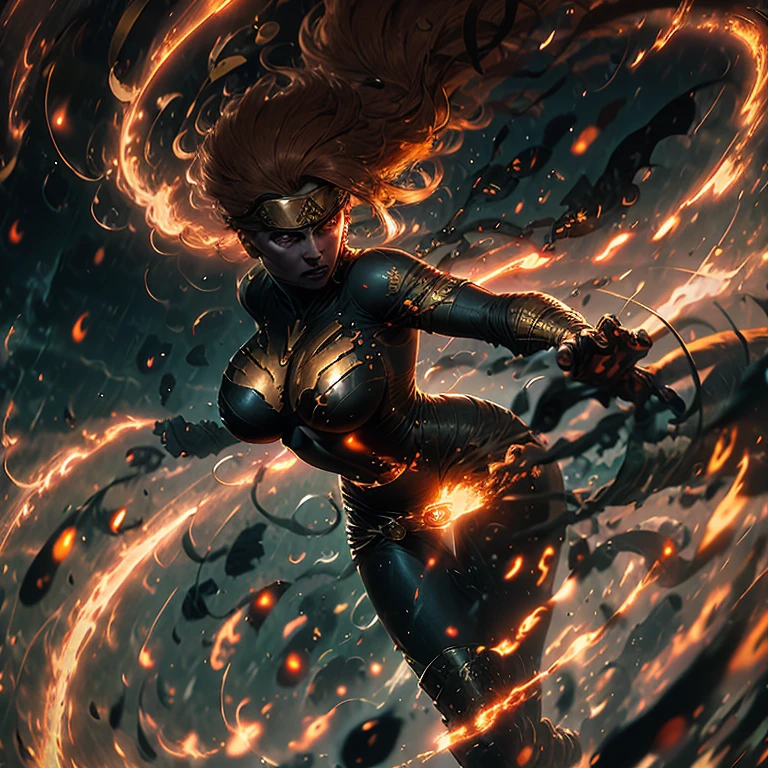 ((Masterpiece)), ((Best quality)), 8k, ultra-detailed,

A compelling representation of Jean Grey in her Dark Phoenix form, embodying her powerful and seductive allure. Her figure is muscular and toned, showcasing her strength and athleticism. Her large breasts are firm and full, enhanced by the intricate golden details of her Phoenix costume. The fabric clings to her body, revealing every curve and muscle. Her long, wavy Hair cascades down her back, framing her fierce, determined expression. Her eyes glow with a fierce, burning intensity, reflecting the electrical energy surging through her. The background is a dark, stormy sky, crackling with energy