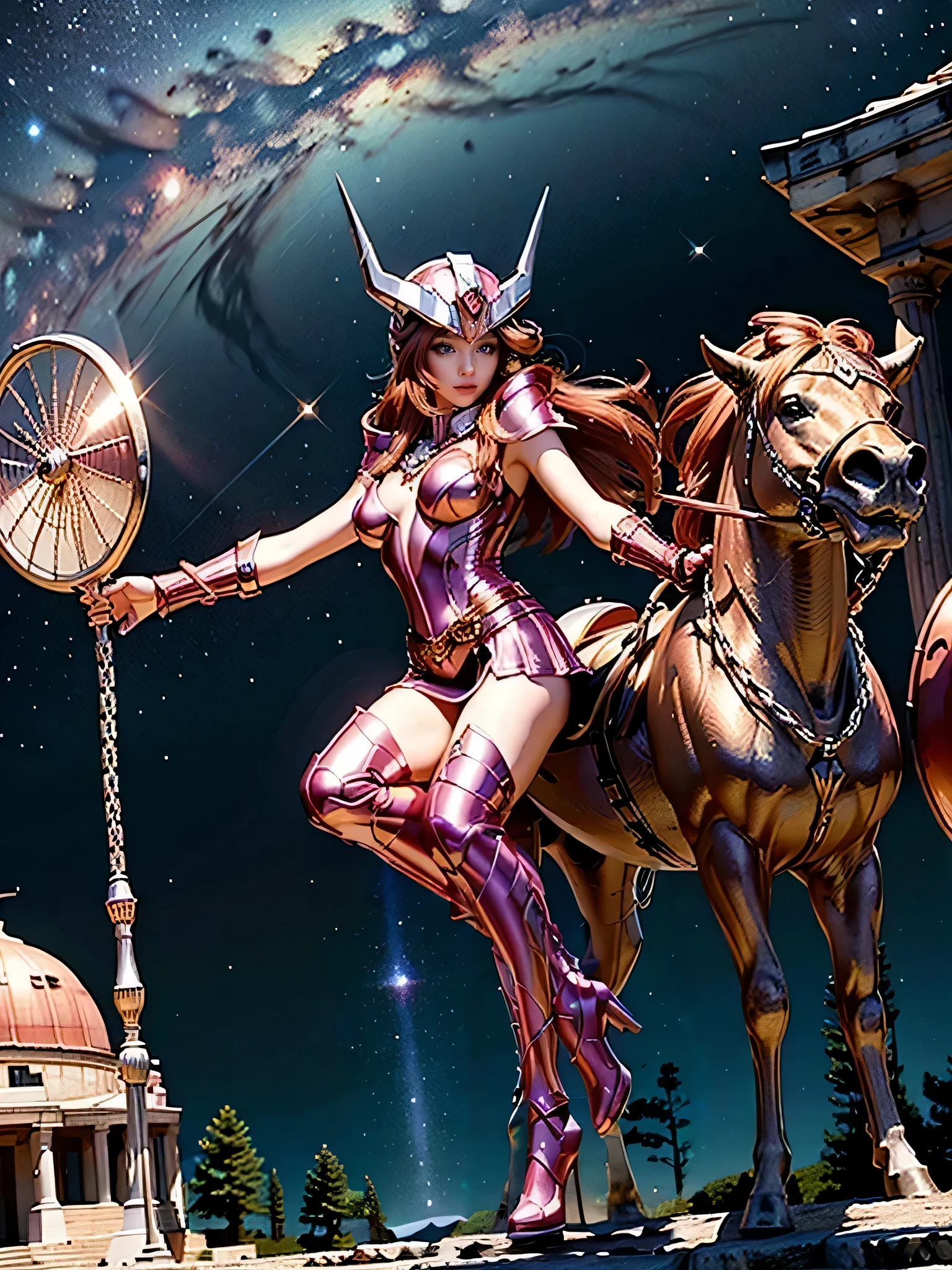 masterpiece, best quality, ultra high res, realistic skin texture, armature, photorealistic, high resolution, raw photo, shiny skin, realistic skin texture, best lighting, sparkle, dramatic lighting, dynamic pose, Greek temple background, night sky, cosmos, milky way, 1girl, balanced eyes, Andromeda Shun, pink armor, roman skirt plate, breast plate, cleavage, red hair, pink helmet, blue eyes, looking at viewer, large breast, slight smile, chains
