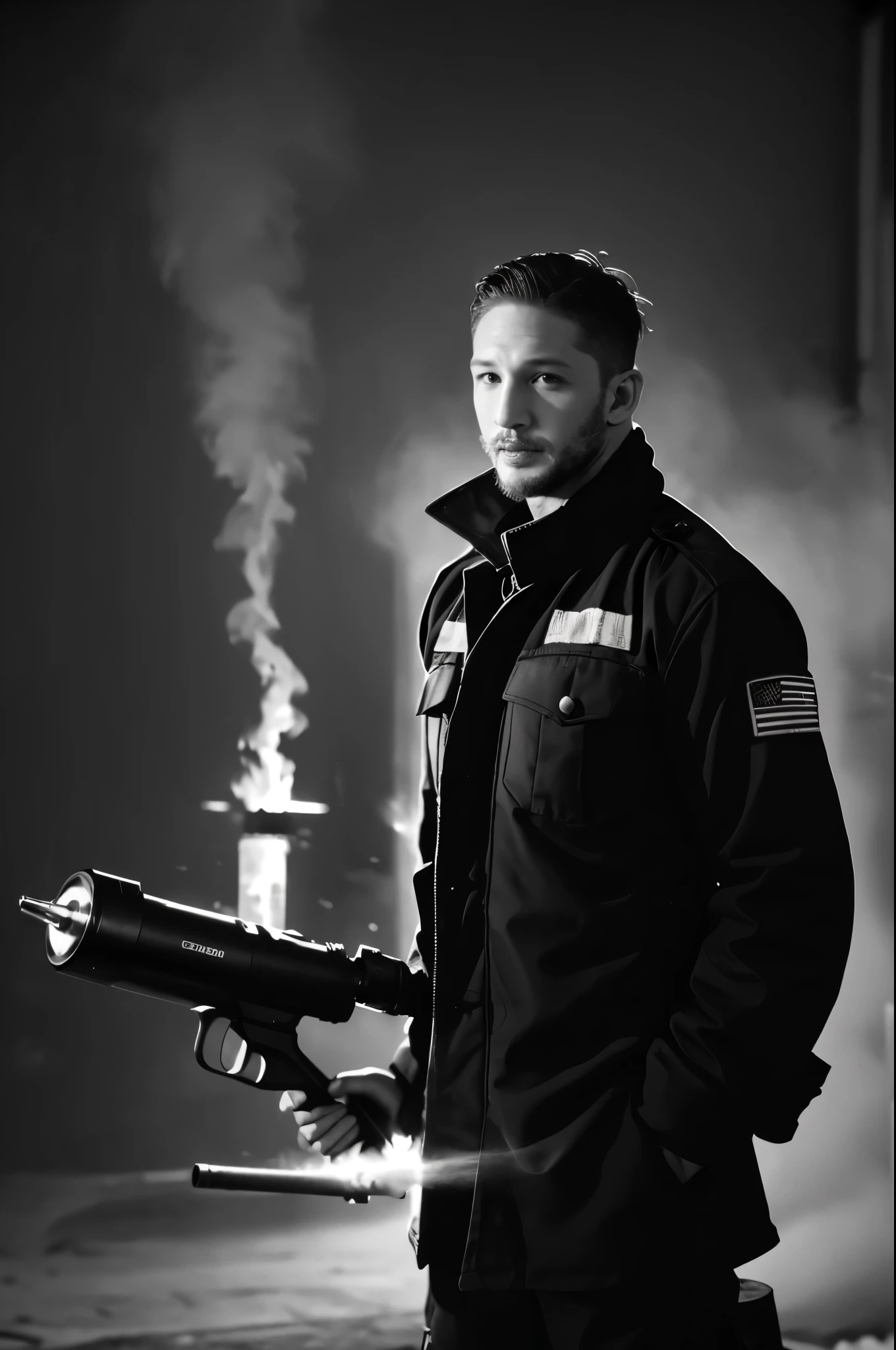 (Black and white photo shoot), (Firefighter actor Tom Hardy is extinguishing the fire), Tom Hardy (holding a super large air gun Pneumatic Runner: 1.34), (with oil stains on his face), his fair and smooth skin is flawless, his eyes are deep, his chin and face are smooth, his muscles are well-developed, there is no top, he is wearing jeans on the lower body, (very short round inch hairstyle), his decisive style, sharp focus,
Movie lighting, background: fire scene