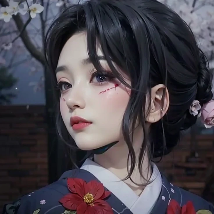 A very beautiful and gorgeous japanese girl with white skin and purple eyes ( Alexandria syndrome) and very soft tied hair and she puts a very red lipstick as blood and she wearing a rose japanese hanbok