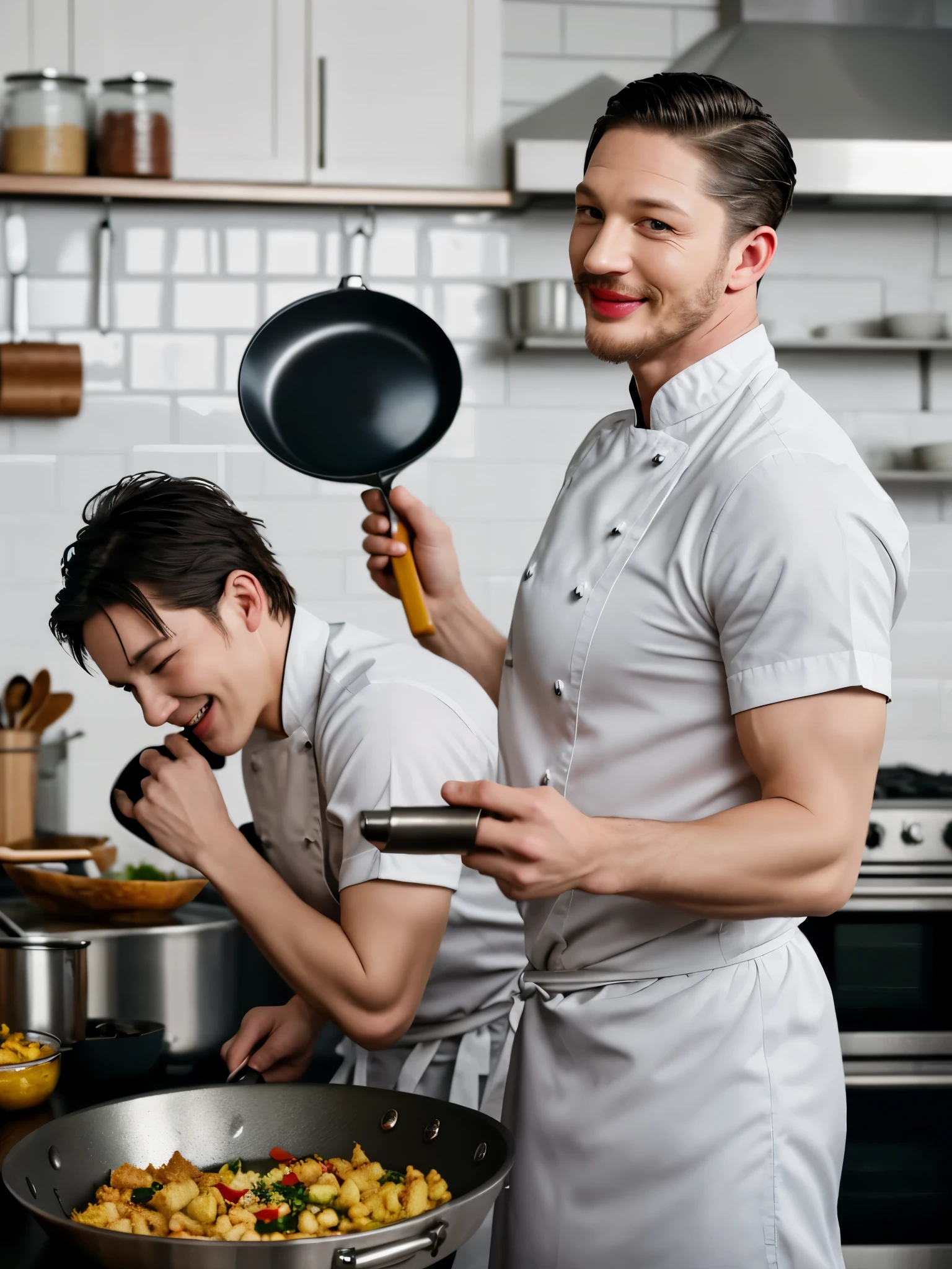 (Black and white photo shoot), (Michelin chef actor Tom Hardy is stir frying), Tom Hardy (carrying a super large frying pan: 1.34), (with oil stains on his face), with deep eyes, smooth chin and face, well-developed muscles, wearing chef clothes, (unusually short round inch hairstyle), exaggerated laughter style, sharp focus,food on face, open mouth, crazy smile, facing another, drooling, smug, naughty face，（Black and white photo shoot），（米其林厨师演员Tom Hardy正在炒菜），Tom Hardy（Carrying an extra large frying pan：1.34），（There are oil stains on the face），Deep eyes，Smooth chin and face，muscular，Wearing chef uniform，（Abnormally short round hair style），exaggerated laughter，sharp focus， light，background：Kitchen Movie lighting, background: kitchen