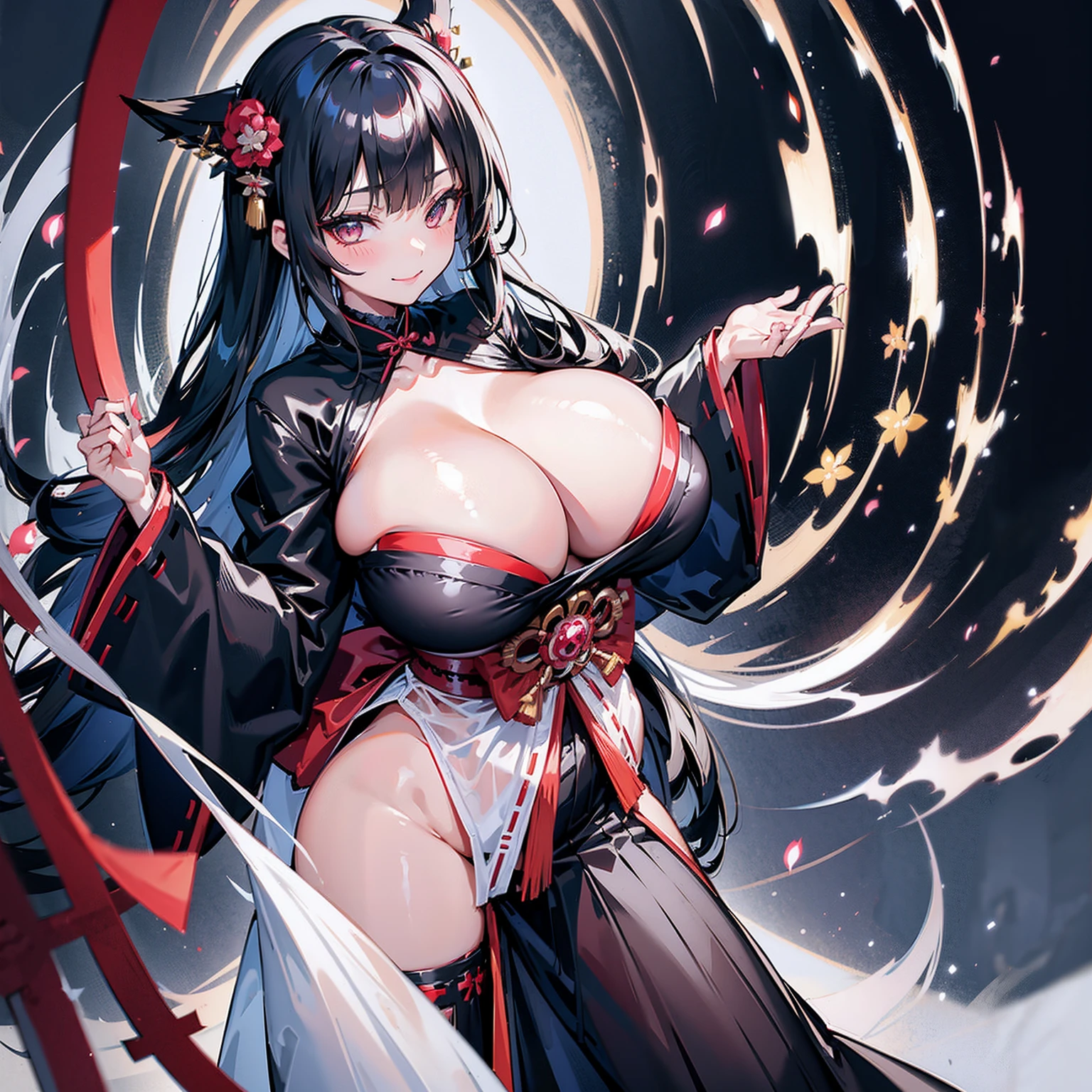 a sexy anime girl dressed in a gothic black kimono, 1girl, breasts, japanese clothes, solo, smile, hakama, hakama skirt, looking at viewer, large breasts, skirt, black hair, white kimono, blush, miko, bangs, closed mouth, long sleeves,see-through leotard,crushing , gigantic