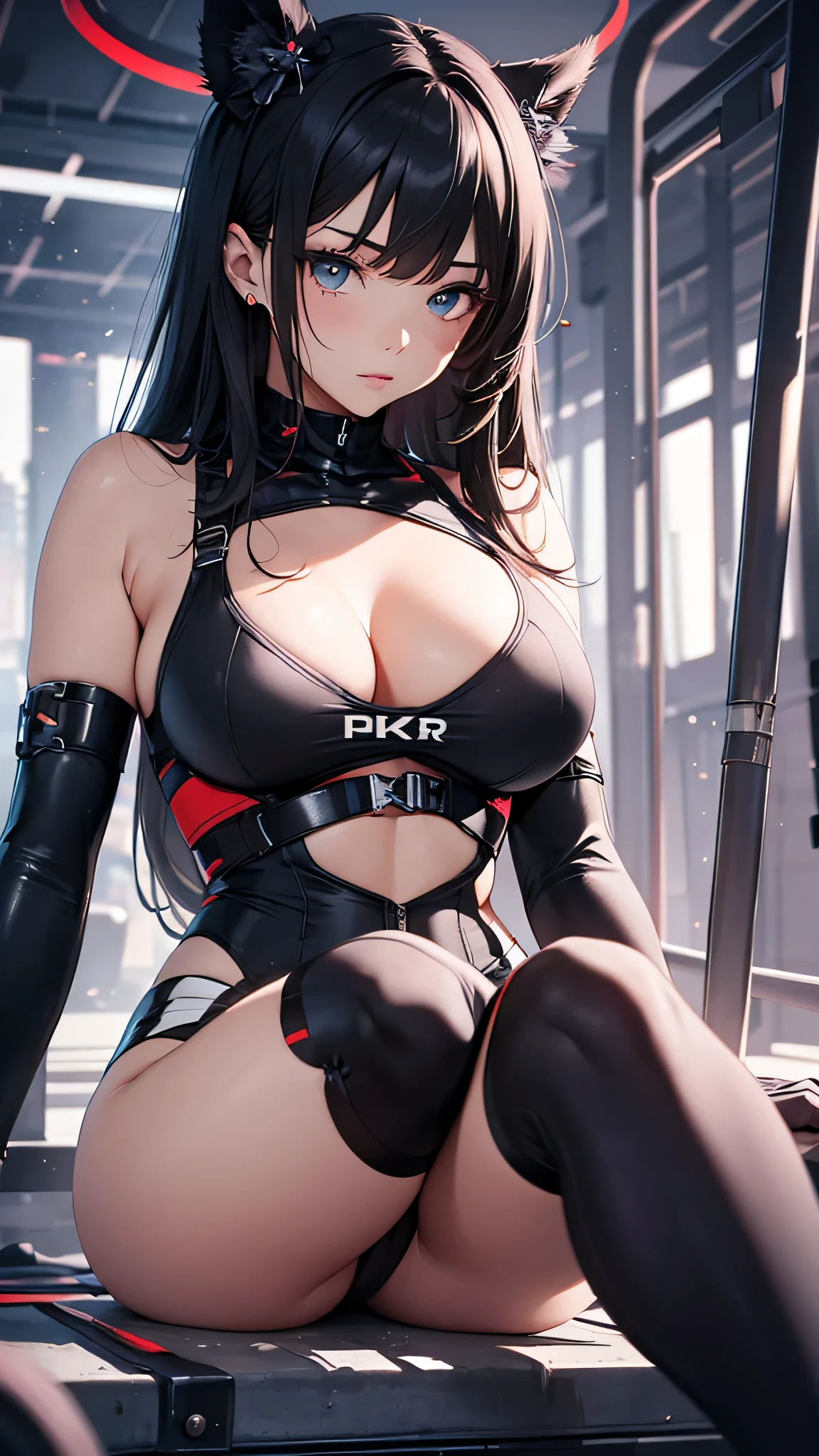 最high quality、best image quality、masterpiece、age girl((18-year-old、 By becoming、vest bust、medium bust,wide open breast tea、black eye, black hair、long hair、thin,highest valley、Black Pitch Resuit、Perforated gloves、Knee support、Bubblegum)),high quality、beautiful art、background((cyber gym)),debris flies、Depth of written boundary、movie、visual art、perfect art、8K,genuine