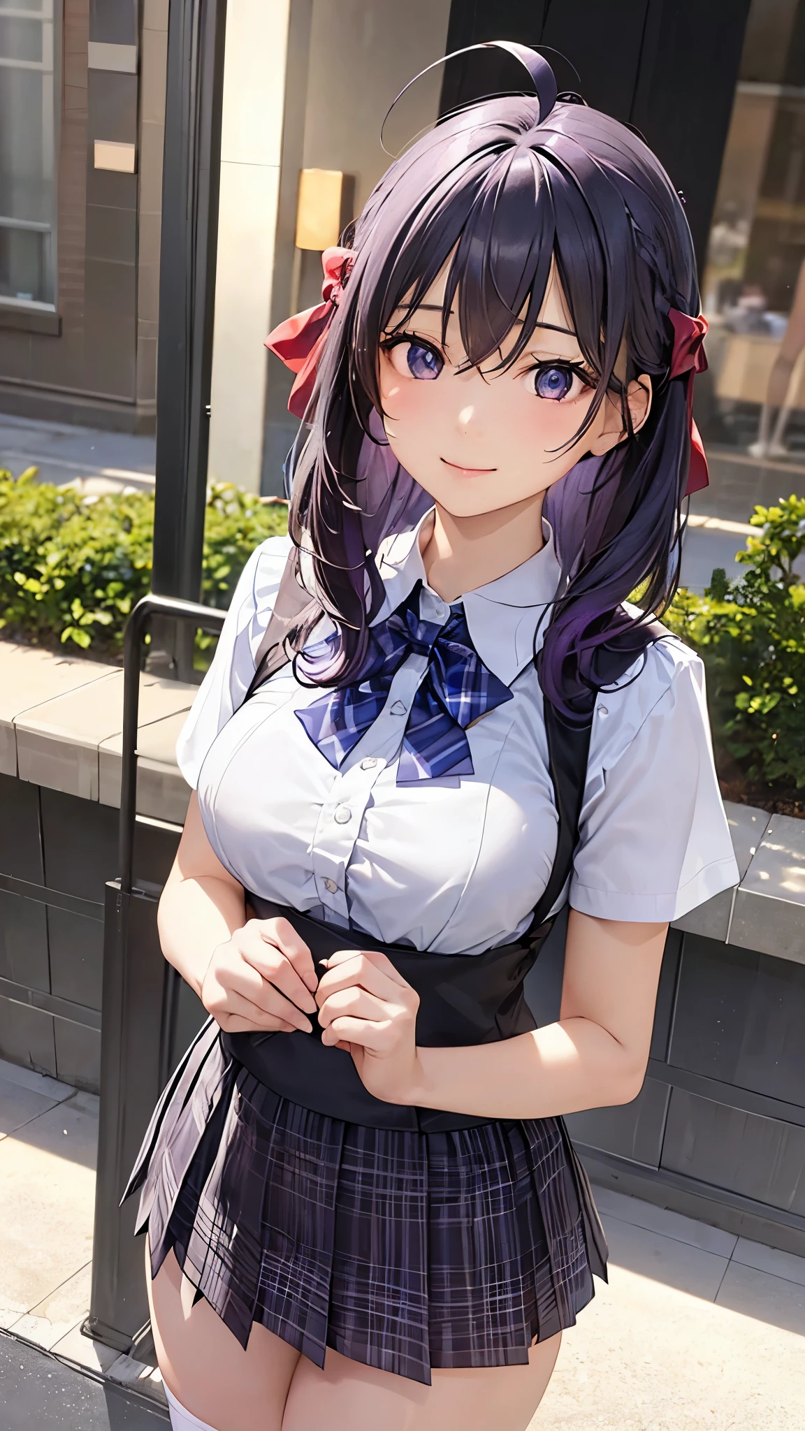 (masterpiece:1.2, top-quality), (realistic, photorealistic:1.4), beautiful illustration, (natural side lighting, movie lighting), nsfw,
looking at viewer, cowboy shot, front view:0.6, 1 girl, japanese, high school girl, perfect face, cute and symmetrical face, shiny skin,
(short hair:1.2, messy hair:1.8, ahoge, purple hair), hair between eyes, blue eyes, long eye lasher, (large breasts:0.7, thick thighs),
beautiful hair, beautiful face, beautiful detailed eyes, beautiful clavicle, beautiful body, beautiful chest, beautiful thigh, beautiful legs, beautiful fingers,
((white collared shirts, blue bow tie, black plaid pleated mini skirt)),
(beautiful scenery), evening, riverside, walking, (lovely smile, upper eyes),