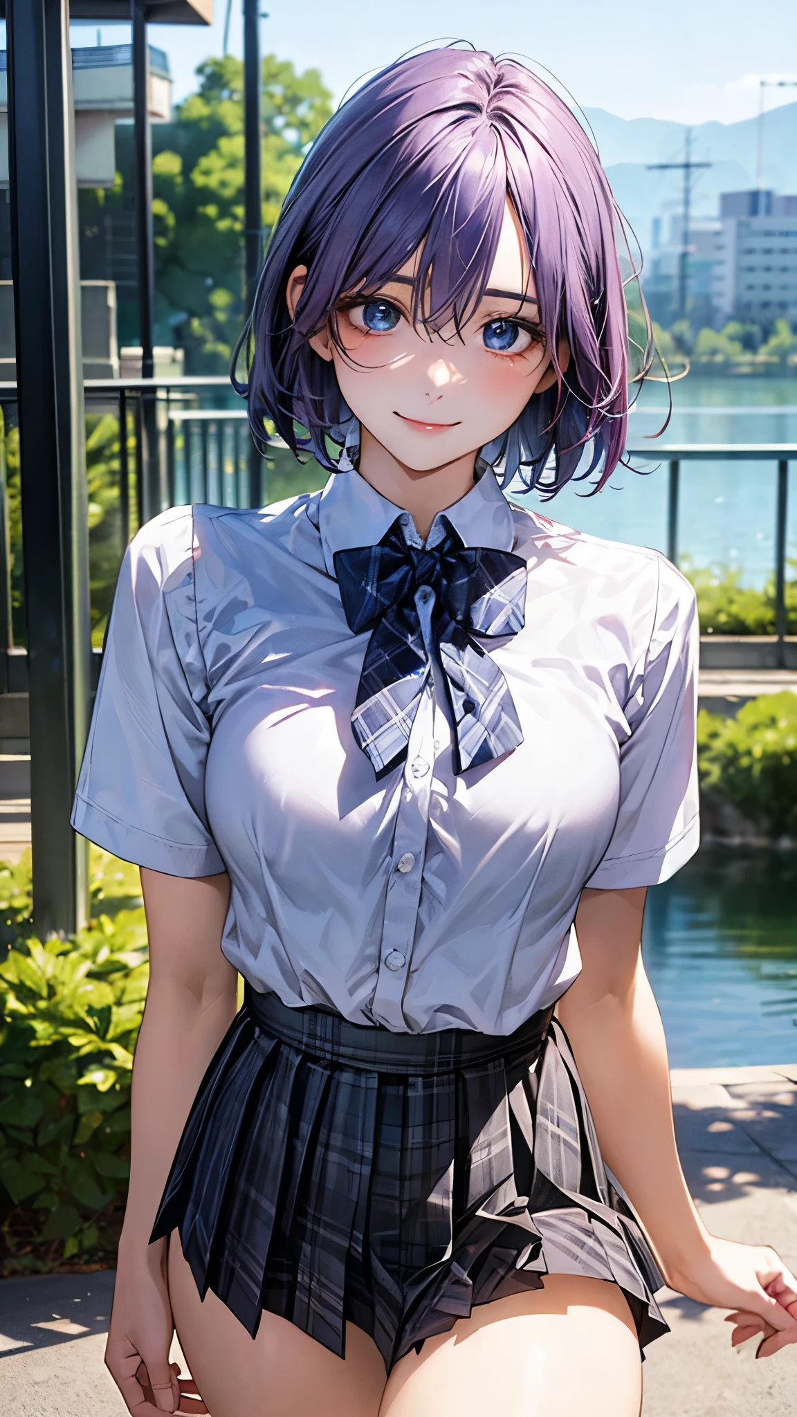 (masterpiece:1.2, top-quality), (realistic, photorealistic:1.4), beautiful illustration, (natural side lighting, movie lighting), nsfw, 
looking at viewer, cowboy shot, front view:0.6, 1 girl, japanese, high school girl, perfect face, cute and symmetrical face, shiny skin, 
(short hair:1.2, lob:1.2, light purple hair), hair between eyes, blue eyes, long eye lasher, (large breasts:0.7, thick thighs), 
beautiful hair, beautiful face, beautiful detailed eyes, beautiful clavicle, beautiful body, beautiful chest, beautiful thigh, beautiful legs, beautiful fingers, 
((white collared shirts, blue bow tie, black plaid pleated mini skirt)), 
(beautiful scenery), evening, riverside, walking, (lovely smile, upper eyes), 