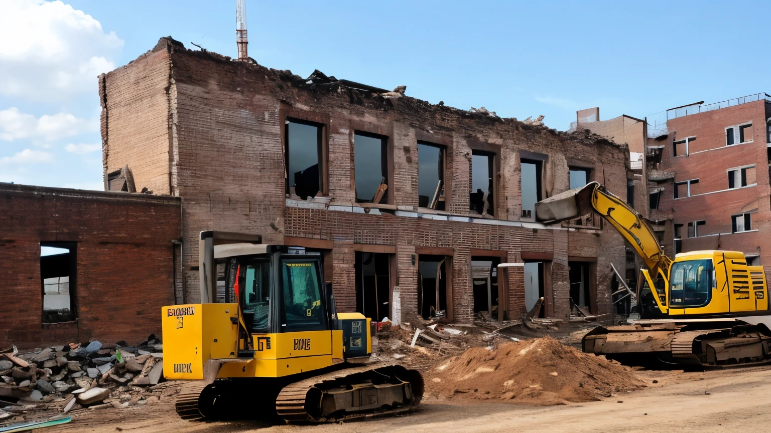 The photo depicts a deteriorating brick building, with machines,   bulldozer, an several workers operating on the construction site. There are demolition bricks from old buildings visible in the picture.