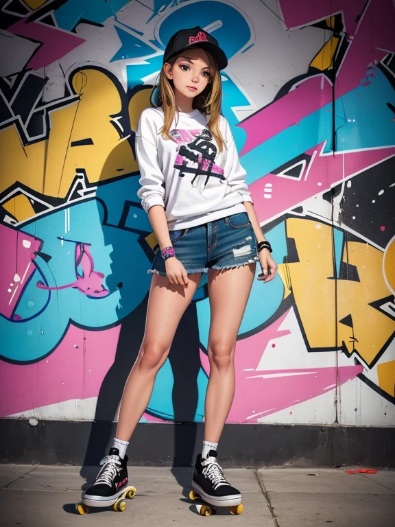 (best quality), (perfect body), (perfect face), (1girl), (skateboard), a cute skatergirl standing with her skateboard, graffiti art, street art, urban art, HDR, 4K, 3D.