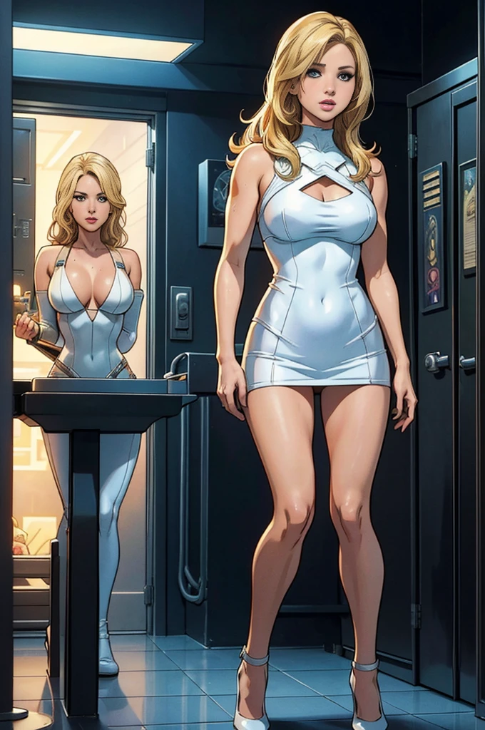 Comic storyboard:1.8, Cartoon comic strips,comic strip:: jennifer lawrence,Selena Gomez(1人の女性) The full body of a 30-year-old blonde,In a futuristic house, marvel comics style, Hyper HD, 24K Ultra HD