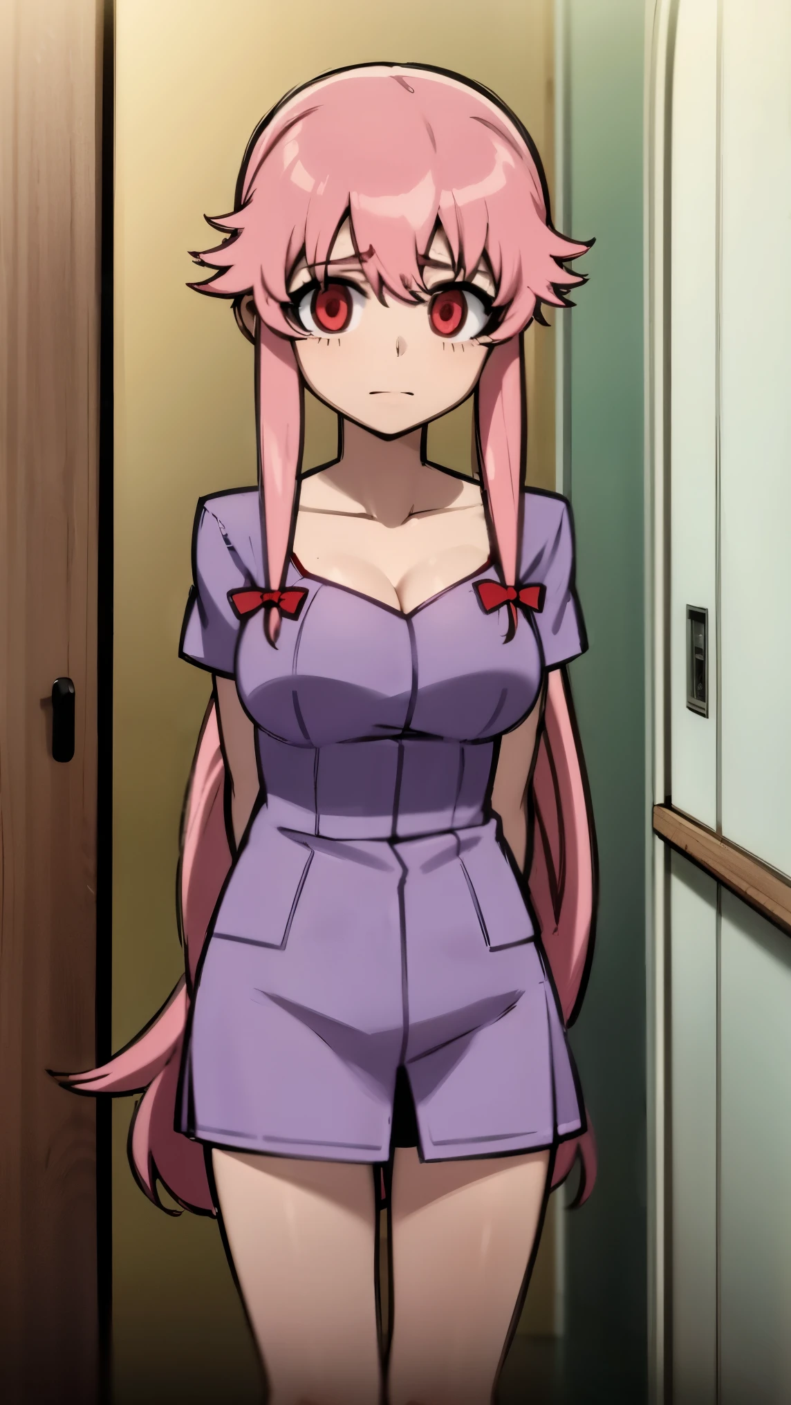 anime_still, masterpiece, best quality, 1girl, Gasai Yuno,large breasts, red eyes, hospital gown, Psychiatric hospital, insane, padded room asylum, 