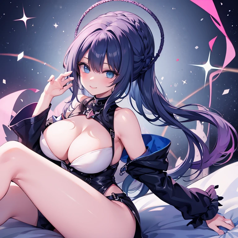 Black hair, blue eyes, sexy, large breasts, masterpiece, bed, smile