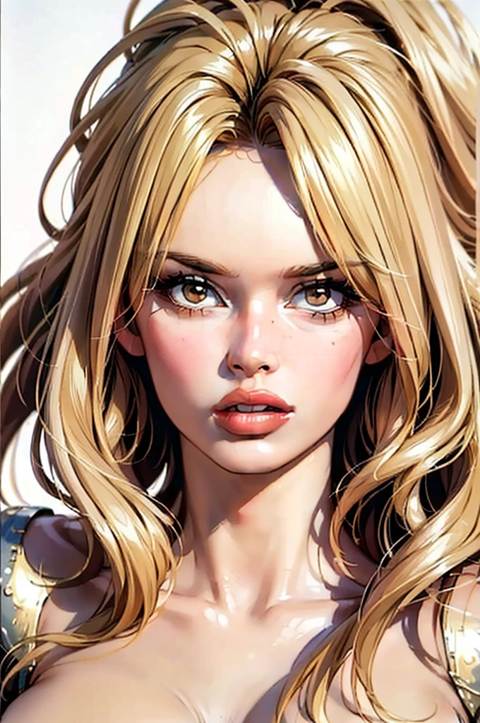 ((bbardot aesthetic)), ((masterpiece)),(((best quality))), ((mature face)), defined cheekbones, high cheekbones, illustration, ((muscular)), ((gold)), sexy bimbo, (large breasts) , blonde hair, ((detailed face:1.4)) beautiful woman, (white skin) , (red lipstick), shiny skin, ((skindentation)), scribbles and marks,(puffy lips) ,  8k,16k, ( background, white background: 1.3) ((warm color palette)), ((ancient aesthetic))