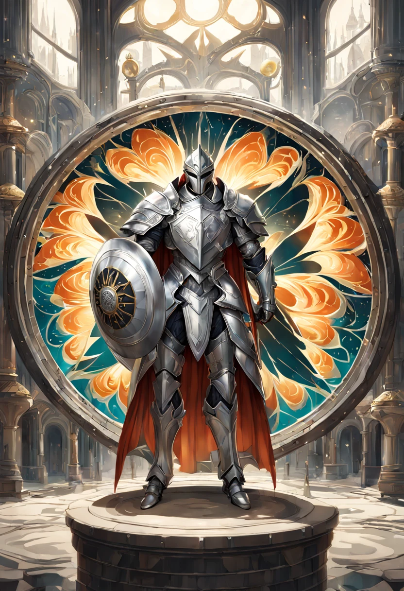 breathtaking A highly detailed digital painting of a powerful knight in armor holding a large, ornate shield in a heroic stance, extremely detailed full body knight in shiny silver armor with intricate patterns, standing in a dramatic pose, one hand holding a massive, circular shield with a glowing crest in the center, shield has beautiful engraved swirls and runes, shining metal, cinematic lighting, illustration by artgerm and greg rutkowski and alphonse mucha, digital painting . award-winning, professional, highly detailed, detailed matte painting, deep color, fantastical, intricate detail, splash screen, complementary colors, fantasy concept art, 8k resolution trending on Artstation Unreal Engine 5