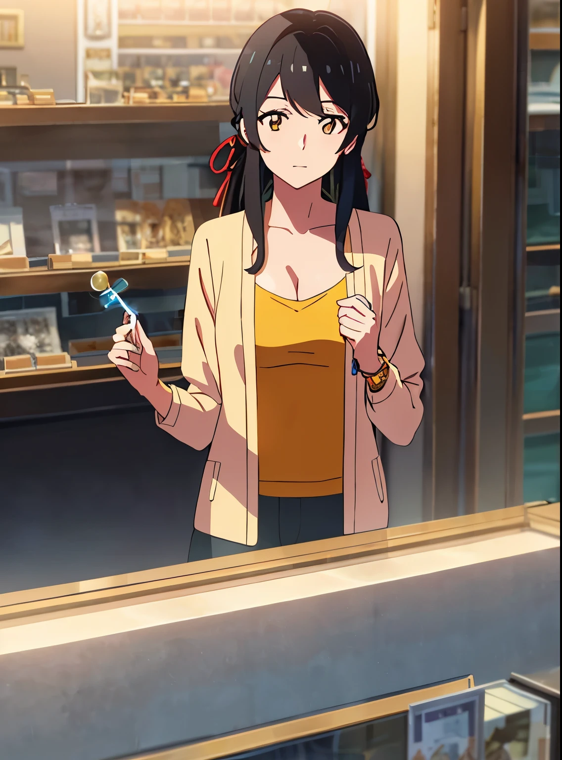 shinkai makoto, kimi no na wa., 1girl, bangs, black hair, brown eyes, waterfall braid, red ribbon, long hair, long sleeve light yellow cardigan, open shirt, yellow shirt, cleavage, breast, medium breast, Orange shirt, name tag written "LUMINE Miyamizu", looking at the viewer, indoors, jewelry products, jewelry shop, jewelry saleswoman, indoors, mallmasterpiece, perfect anatomy, cowboyshot, 1boy POV viewer, holding girl's hand