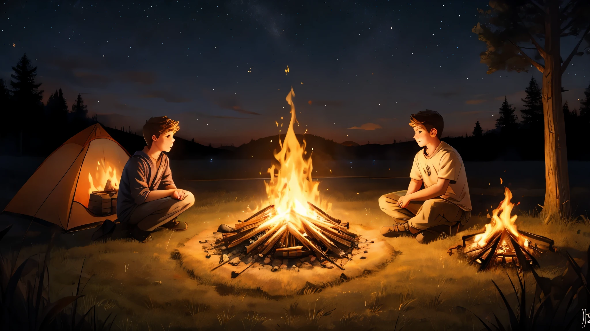 bonfire , night camp , teenage boy and a girl holding