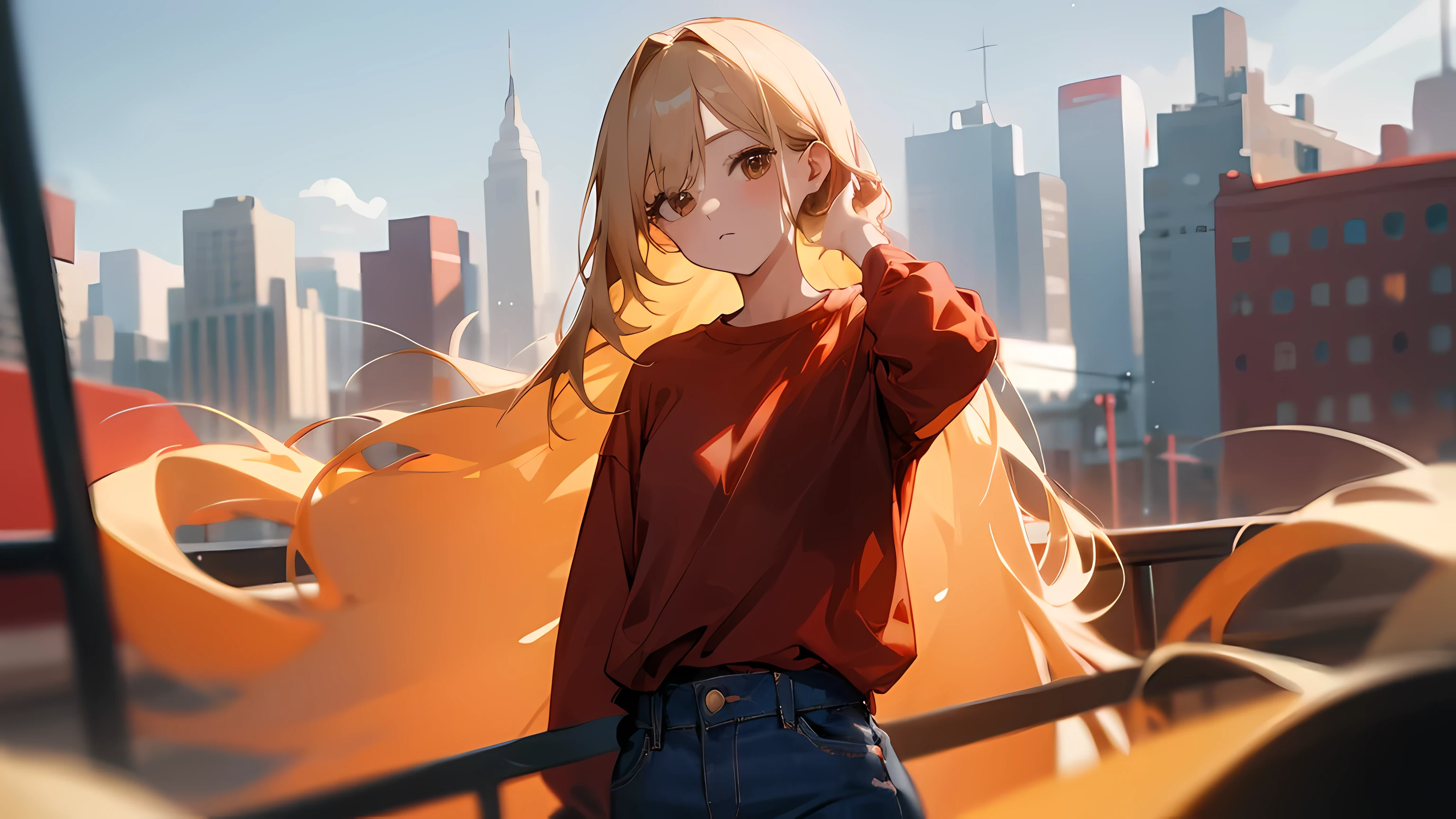 1girl, long loose blonde hair, brown eyes, wearing plain red shirt, short denim, city, absurdres, high res, ultrasharp, 8K, masterpiece, looking at viewer