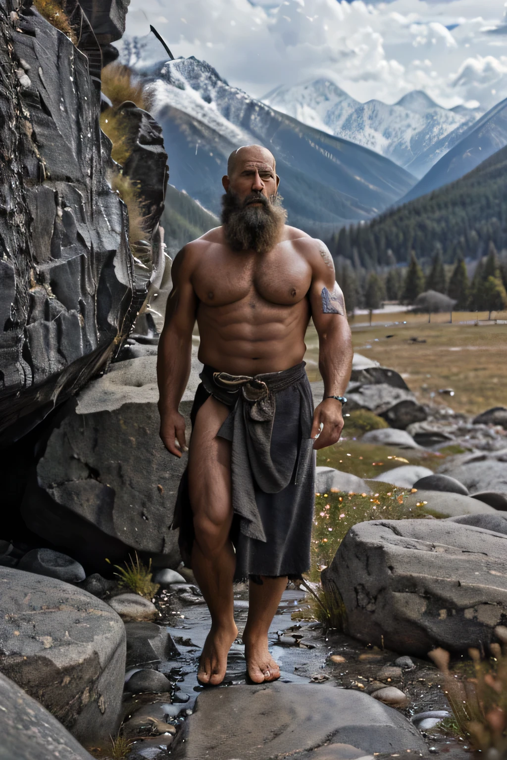 Masterpiece, best quality), 8k wallpaper, high detail, with a bald upper part of the head, the professor is naked of a completely full physique with a shaman of the northern peoples, the professor holds a large black shapeless rocky stone, against the background of the Altai Mountains, with a completely gray beard.