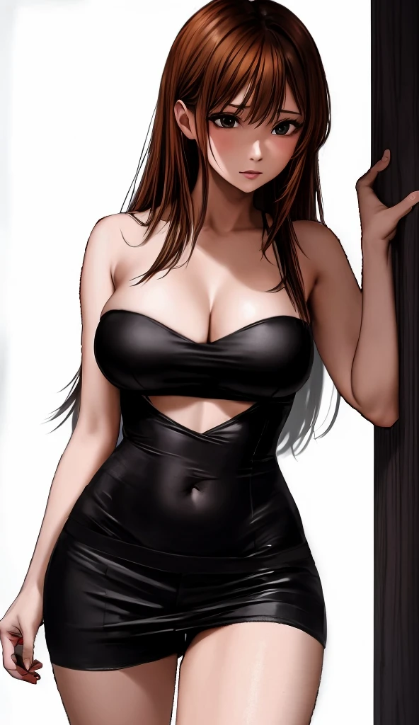 A beautiful adult woman with shoulder-length big breasts, beautiful legs, and a sharp face is facing off against a middle-aged man in a suit wearing a black tube top that exposes her navel and hot pants shaped like black panties.。