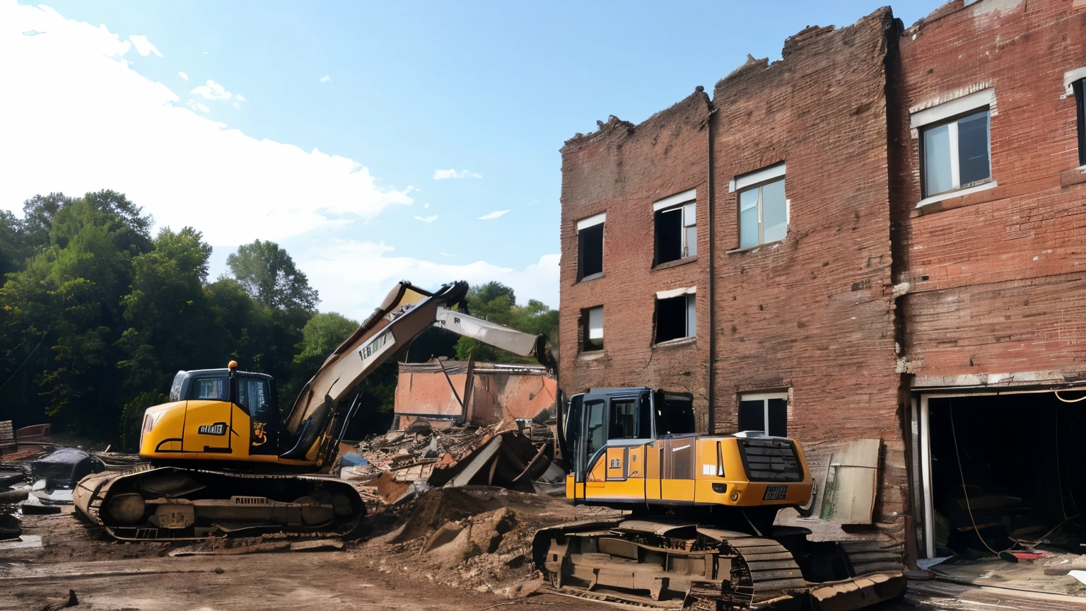 The photo depicts a deteriorating brick building, with machines,   bulldozer, an several workers operating on the construction site. There are demolition bricks from old buildings visible in the picture.
