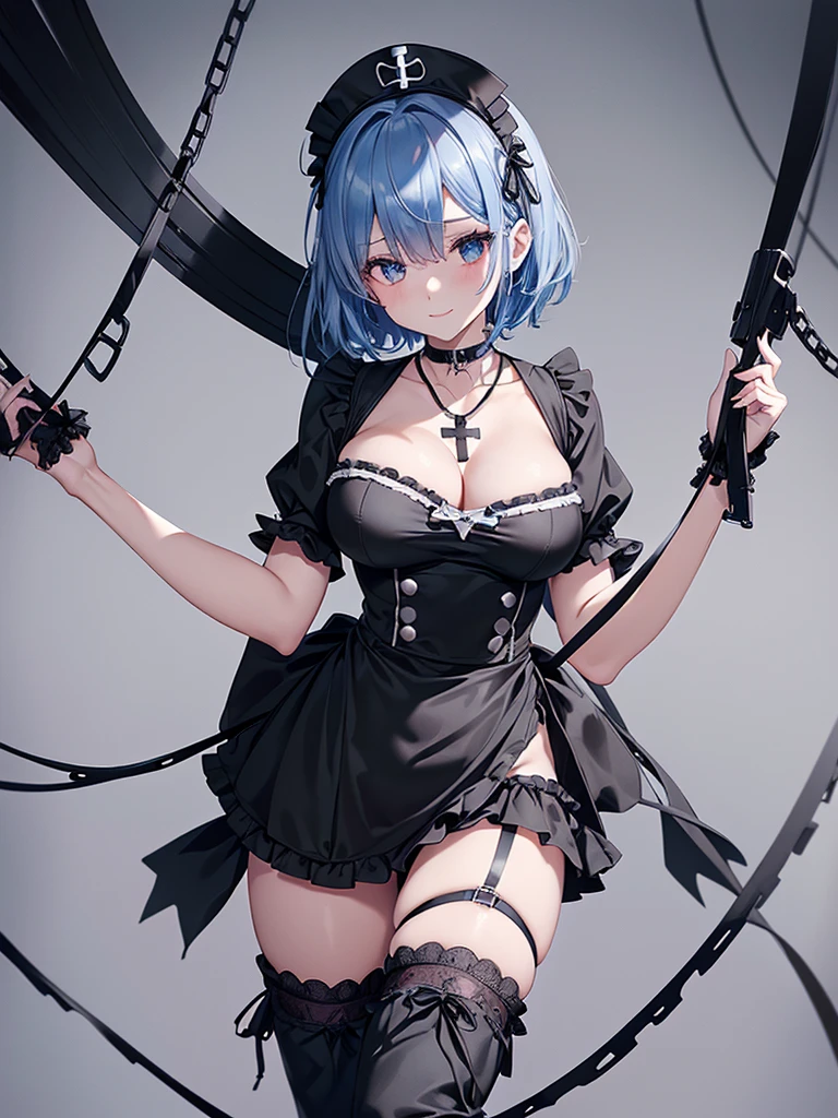 rem,re zero, blue_hair, short_hair, large_breasts, cleavage, smile, cowboy shot ,
(black theme),(all black),
((gothic ta, black nurse costume))
(black (nurse cap,sling) with
cross-symbol print on head),(fusion
of (short sleeve black collared-shirt
with double-breasted) and black
mini wrap-skirt), (collarbone)、
(double-breasted),(black choker with
cross),(intricately embroidered black
lace, black ruffle trim)),(black platform
high boots).
(white and black theme),(white
cross-symbol),(wrap white bandages
around arms andlegs),(white
button),