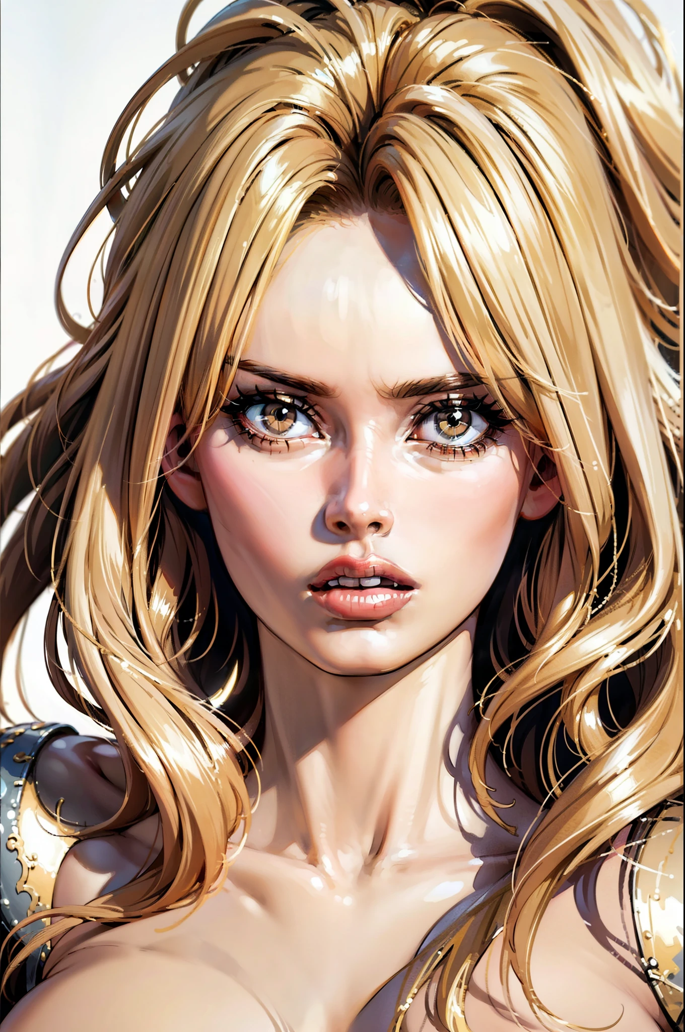 ((bbardot aesthetic)), ((masterpiece)),(((best quality))), ((mature face)), defined cheekbones, high cheekbones, illustration, ((muscular)), ((gold)), sexy bimbo, (large breasts) , blonde hair, ((detailed face:1.4)) beautiful woman, (white skin) , (red lipstick), shiny skin, ((skindentation)), scribbles and marks,(puffy lips) ,  8k,16k, ( background, white background: 1.3) ((warm color palette)), ((ancient aesthetic))