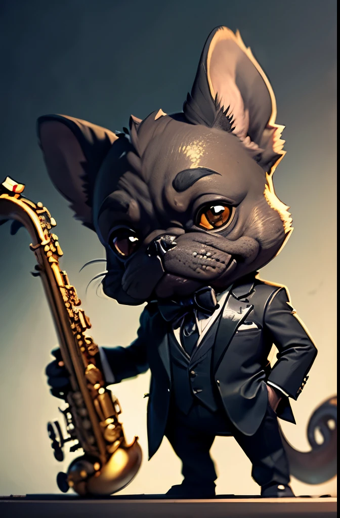 (man in black suit and tie)Cartoons playing the saxophone intensely、anthropomorphic french bulldog