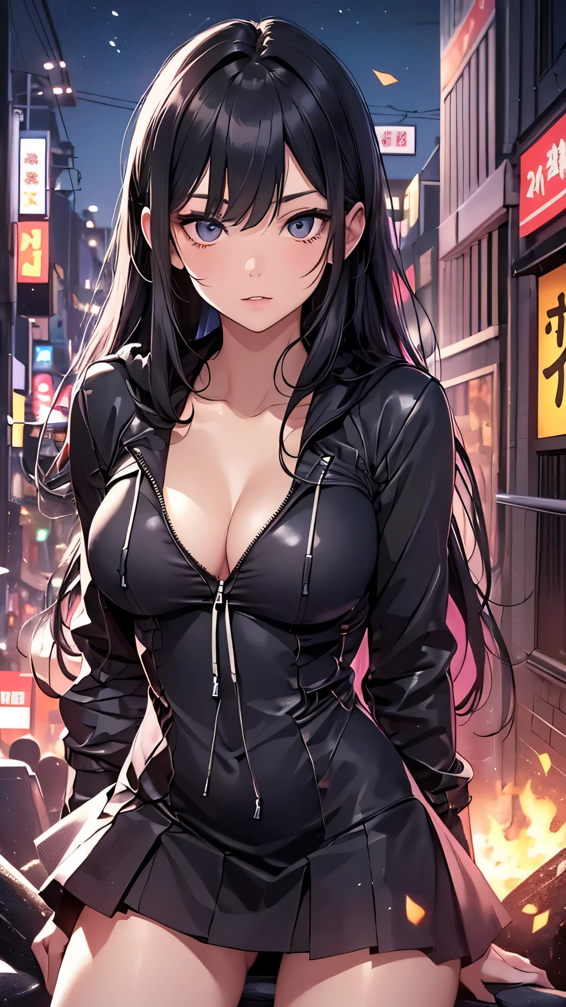 最high quality、best image quality、masterpiece、age girl((18-year-old、 By becoming、vest bust、medium bust,wide open breast tea、black eye, black hair、long hair、thin,highest valley、black hoodie(2:3),white skirt、sit、open thighs)),high quality、beautiful art、background((City of night、Japan)),debris flies、Depth of written boundary、movie、visual art、perfect art、8K,genuine