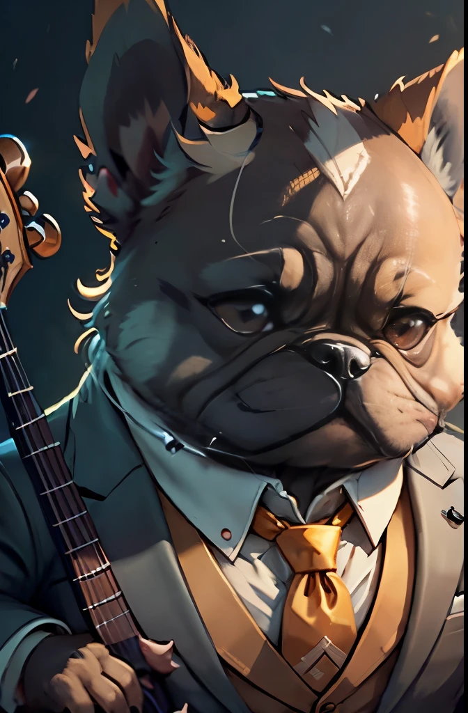(Men in suits and ties)musical instrument player cartoon、anthropomorphic french bulldog