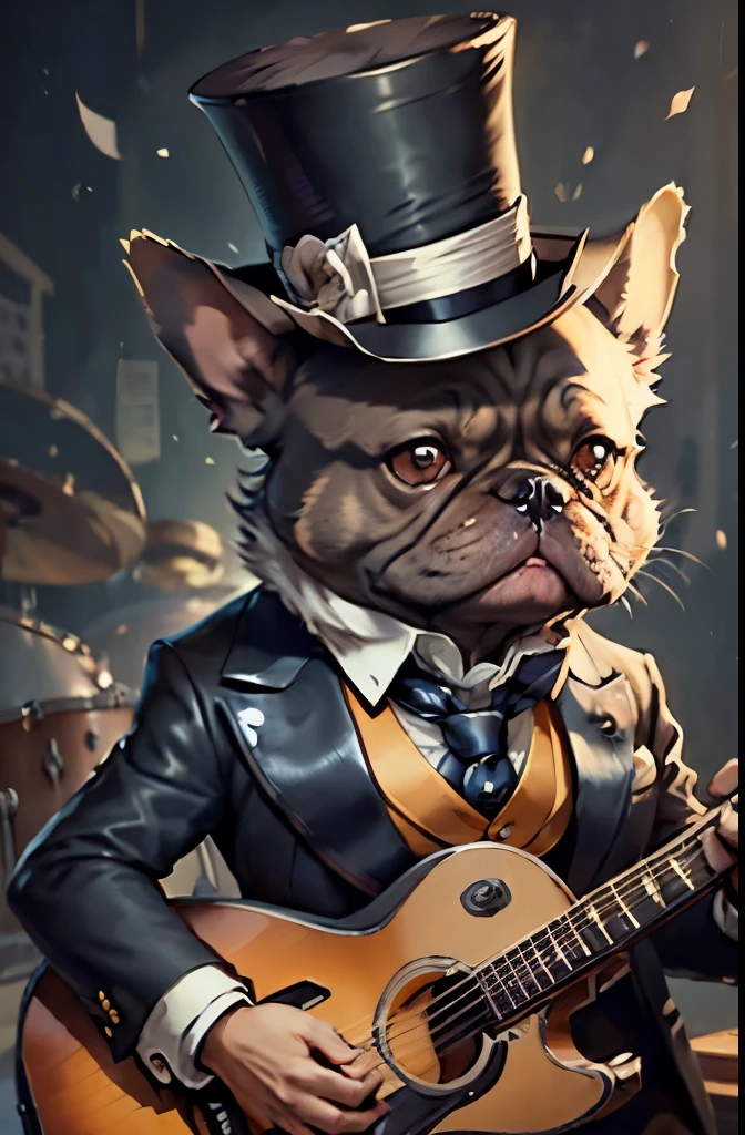 (suit、tie、top hat man)Guitar instrument player cartoon、anthropomorphic french bulldog
