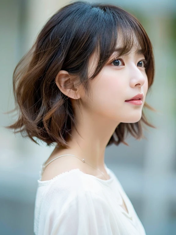 (layered haircut:1.2))、short wavy hair、8K、（Raw photo）、（最high quality）、（フォトrealistic：1.4）realistic to the touch realistic、(4KHigh level image quality:1.2)、(High resolution, table top, 最high qualityの, high detail, formal: 1.4), (realistic: 1.2, ハイパーrealistic: 1.1, フォトrealisticです: 1.37), Depth of bounds written, (Detailed explanation of hair), (Detailed description of the face), unparalleled beauty,, (30 years old,: 1.4)、I&#39;m a little depressed、profile、white wall、Taken in front of the white door、((窓のあるwhite wallの部屋))、natural soft light、short hair、beaverhair、realistic、High level image quality、high quality、profile、Versatile poses、profile、beaver、random pose、Autumn outfit、Winter clothes、 necklace