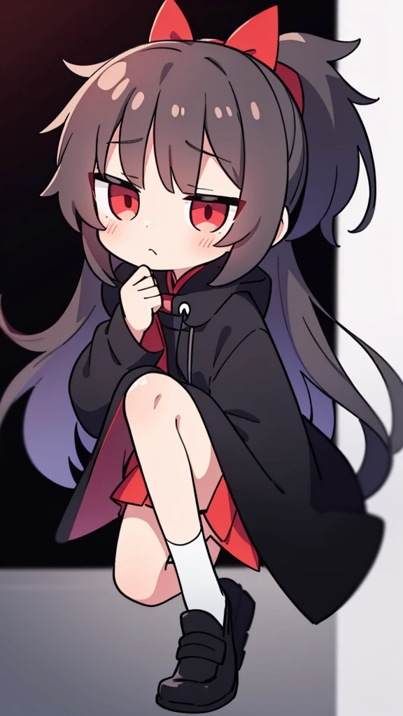 A girl with long white hair,petite,穿着black水手服,black,coat,Du Qiong,melancholy,gentle,covers one eye,red eyes,issue card,red aura,short skirt