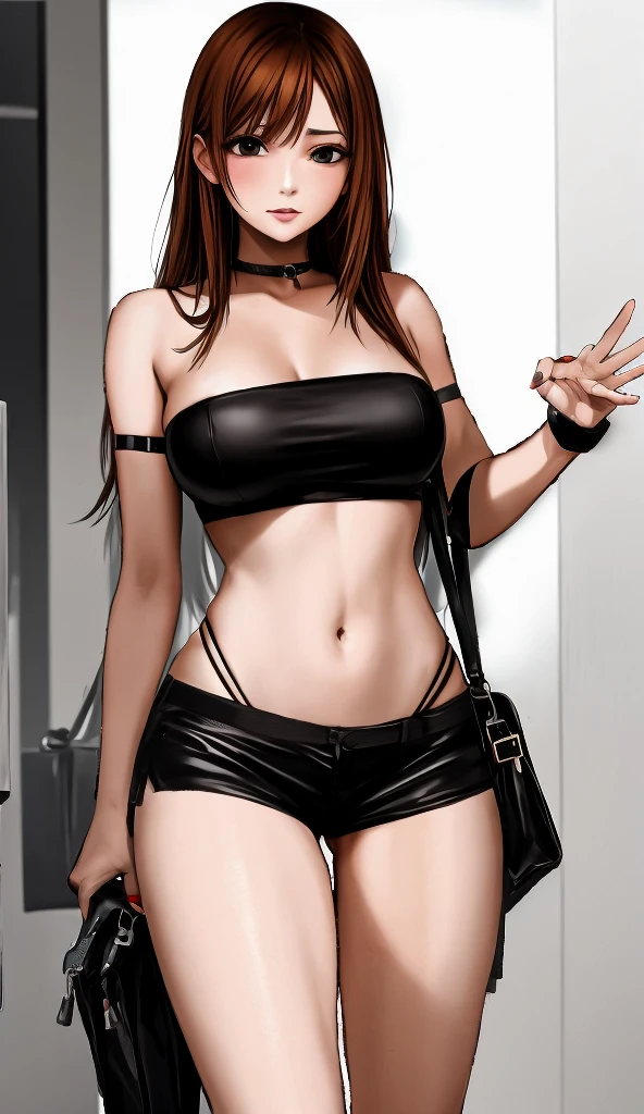 A beautiful woman with shoulder-length big breasts, beautiful legs, and a sharp face is standing facing a middle-aged man wearing a black tube top that exposes her navel and hot pants shaped like black panties.。