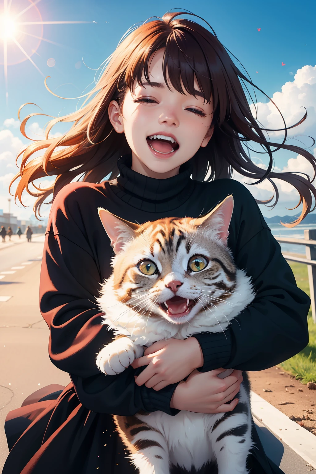 HD, 4K, a girl, cosy sweater on, upper body, (huge Laughing:1.1), (open mouth:0.1), (wide open eyes:1.3), sun glare, bokeh, depth of field, blurry background, light particles, strong wind, (heart particles:1.1), red hair, black dress with cute cat