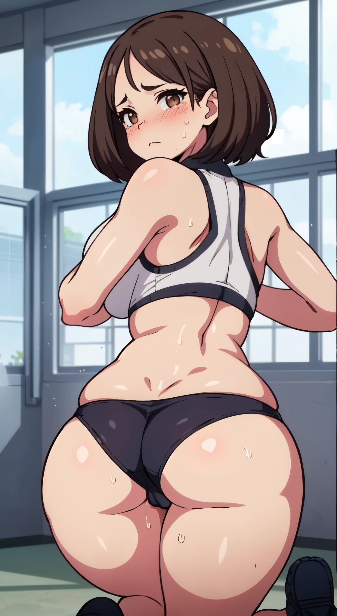 (perfect body),highest quality,16k、Masseter muscle part、((NSFW))、(((blush)))、((((embarrassing))))、Are crying、Treefe○lumes、parted bangs、short hair、(brown eyes),((brown hair))parted bangs、(Forehead)、(Sweat)、(big ass)、huge breasts、((thick thighs))、Grey Sports Bra、(Grey sports panties)、(training room)、back、fuck from behind、kneel down