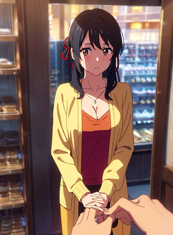 shinkai makoto, kimi no na wa., 1girl, bangs, black hair, brown eyes, waterfall braid, red ribbon, long hair, long sleeve light yellow cardigan, open shirt, yellow shirt, cleavage, breast, medium breast, Orange shirt, name tag written "LUMINE Miyamizu", looking at the viewer, indoors, jewelry products, jewelry shop, jewelry saleswoman, indoors, mall, masterpiece, perfect anatomy, cowboyshot, POV (POV boy's hands holding girl's hands POV)