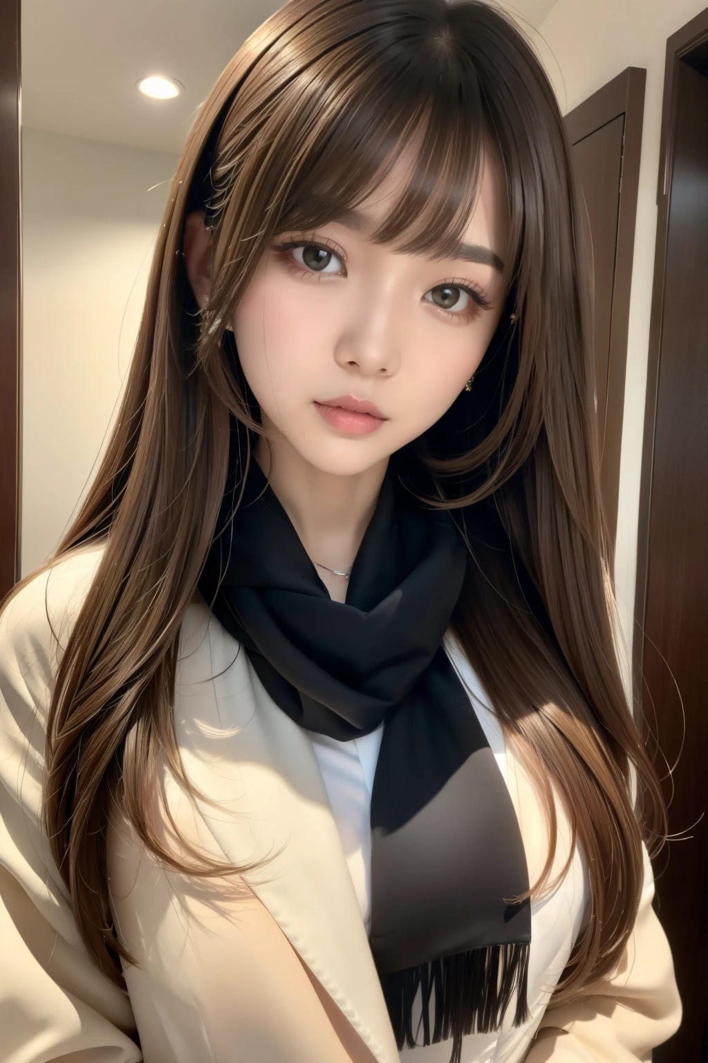 masterpiece, Beautiful single girl,Beautiful Eyes， Good Eyes， highest quality， Hyper HD， （Realistic： 1.4）， Cinema Lighting， Asian Beauty， China， so beautiful， Beautiful Skin， slim， （ultra photoRealisticim）， （High resolution）， （8k）， （Very detailed）， （Best illustrations）， （美しくてBeautiful Eyes）， （Very detailed）， （wallpaper）， Detailed face，The MILF Next Door， Bright lighting， Professional Lighting,（Emphasize large breasts),(Thirty One Ice Cream Shop:1.5),(Delicious ice cream: 1.3), (Clerk in a hat:1.4) , (Black Hair) and (Brown eyes), ponytail, (Bright smile: 1.3), (Audience: 1.3), (Bokeh), 18-year-old,Long Hair,(Brunette Hair）,46 point diagonal bangs，((whole body))，With a smile、