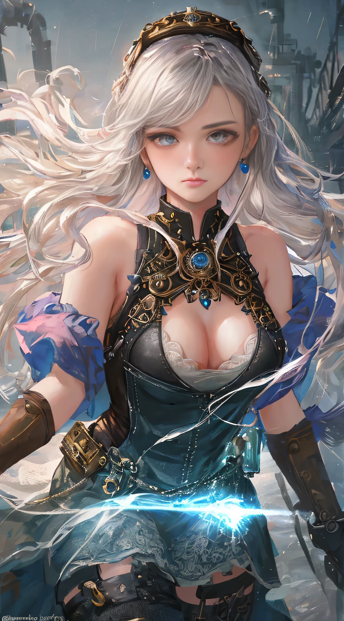 Wizard girl. 
(((masterpiece, best quality, raw photo, photorealistic, depth of field, ultra detailed, detailed face, very precise eyes))), Dynamic Action Pose, Invoke Magic, Mechanical Magic Weapons,  very slender long legs, lace stockings on the knee, steampunk headgear, fluttering lace flared mini skirt, off-shoulder fashion with a fusion of detailed and intricate steampunk and detailed gothic lolita, upward and beautiful small breasts, Clean long silver hair, long vertical curly hair, wind driven, futuristic complex steampunk factory background, infinite dark universe, flying celestial bodies, countless celestial neon lights raining down from the heavens, cinematic lighting decoration. (((Masterpiece, top quality, super detailed))), (((dramatic leap in overall accuracy, creating super detailed and realistic images))), (((highly detailed face))), (((The ultra-realistic photos are a fusion of the world's finest masterpieces))), female, 14 years old, very large slit precision pale gray eyes that shine like jewels, long eyelashes, thin nose, small mouth, thin pink lips, natural make-up, pink blush. The beautiful Tomb Raider half-length figure is presented in striking contrast, enhancing the visual impact. It exudes a realistic yet dreamlike quality, immersing the viewer in a mesmerizing visual experience.